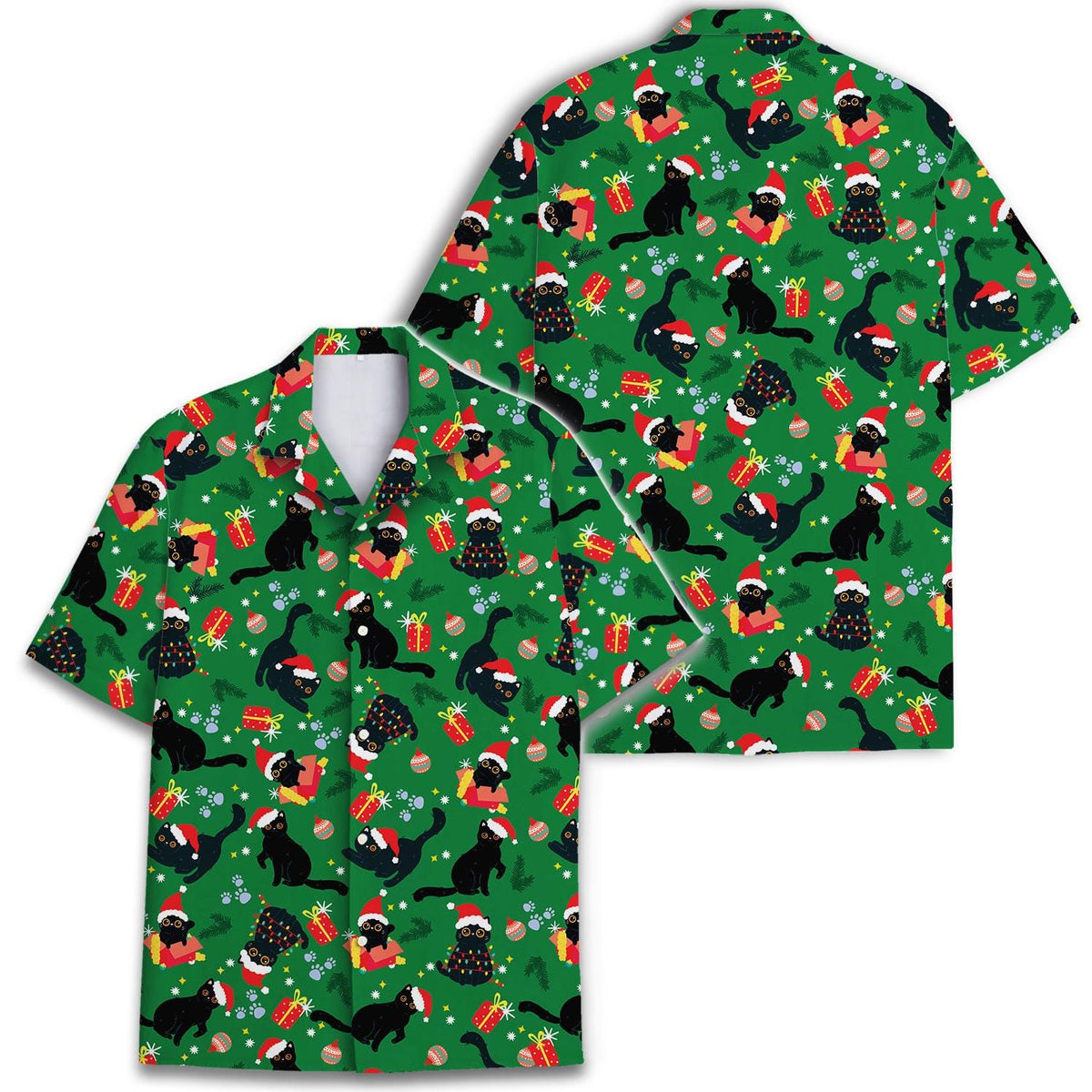 Front and back views of green festive Christmas cat Hawaiian shirt
