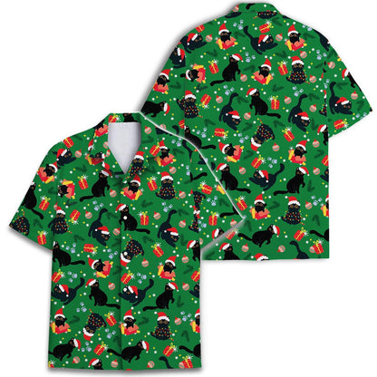 Front and back views of green festive Christmas cat Hawaiian shirt