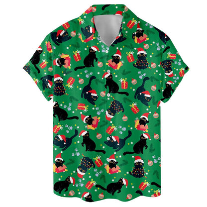 Flat front view of green Christmas cat button-up Hawaiian shirt