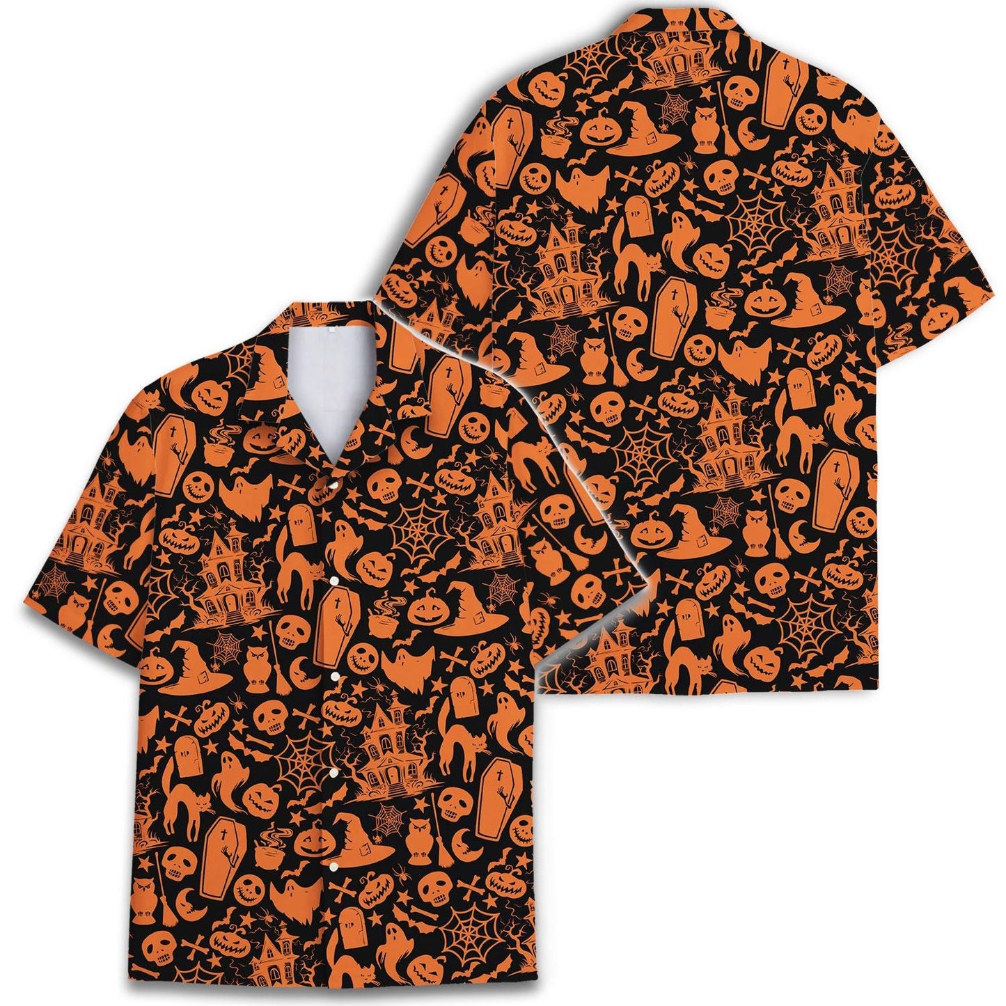 Front and back views of orange and black Halloween Hawaiian shirt