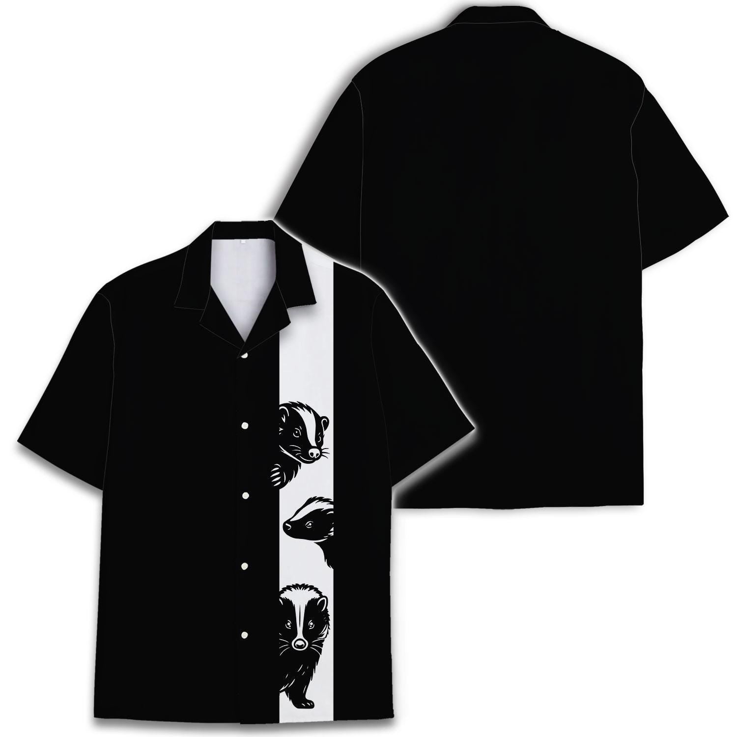 Front and back views of black woodland animal Hawaiian shirt