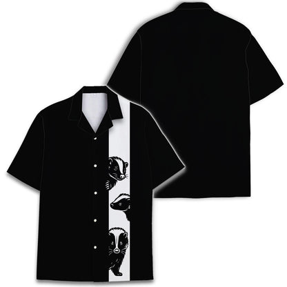Front and back views of black woodland animal Hawaiian shirt