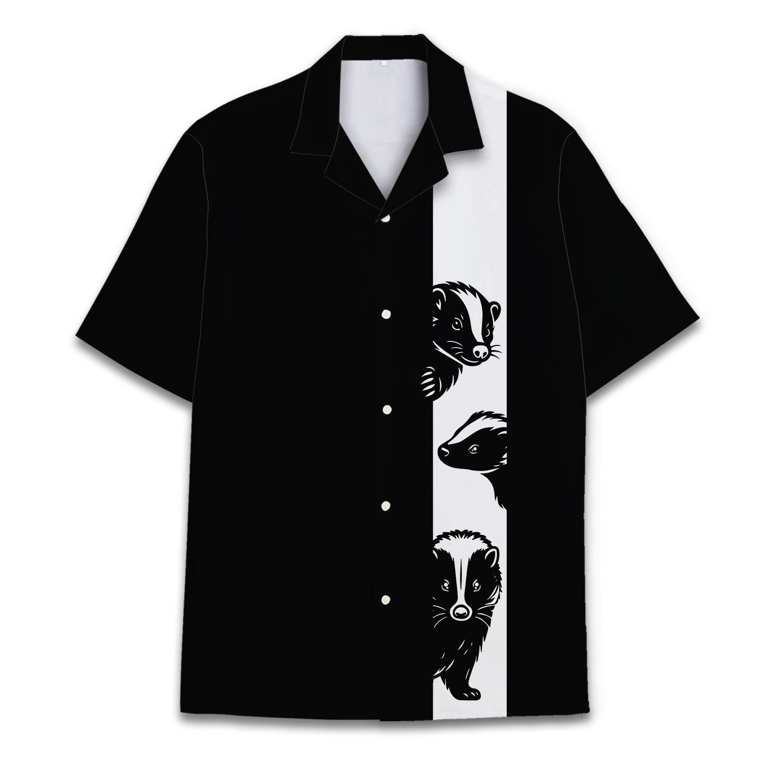 Front view of black Hawaiian shirt with white stripe and woodland animal artwork