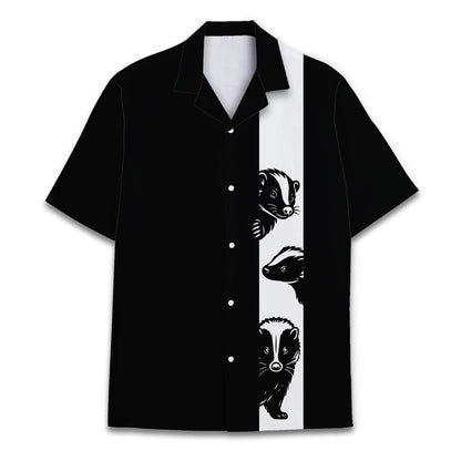 Front view of black Hawaiian shirt with white stripe and woodland animal artwork