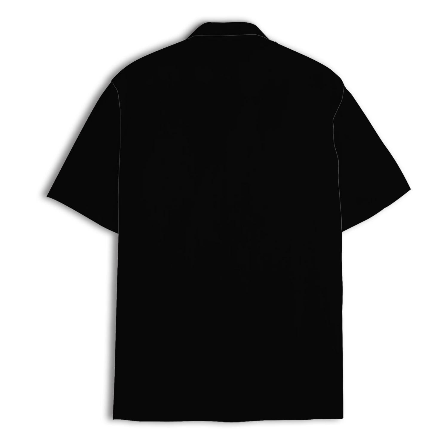 Back view of solid black Hawaiian shirt