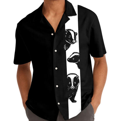 Model wearing black and white animal stripe Hawaiian shirt