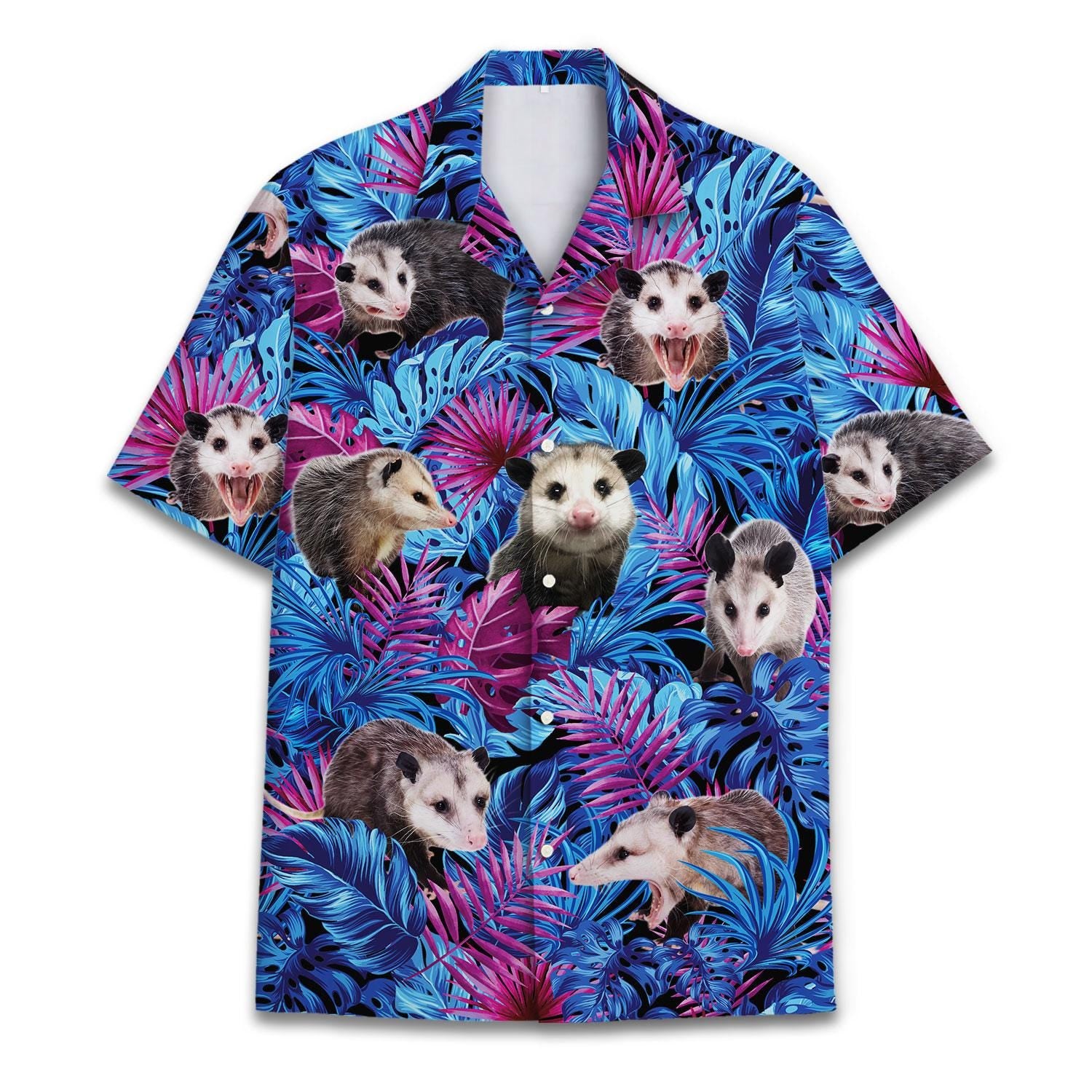 Front view of a blue tropical Hawaiian shirt covered with opossums and pink foliage