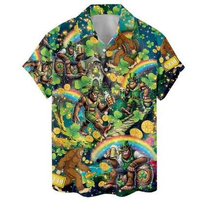Close front view showing the shirt collar, buttons, leprechaun-inspired characters, coins, and rainbow artwork