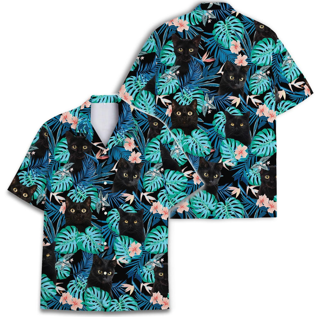 Front view of black cat tropical Hawaiian shirt