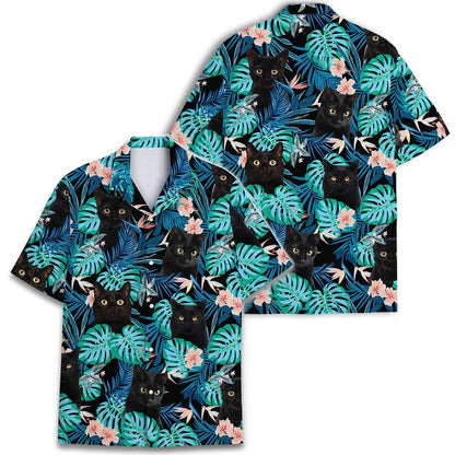 Front view of black cat tropical Hawaiian shirt