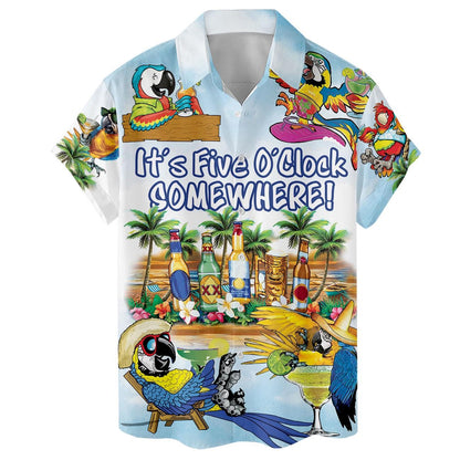Close front view of tropical parrot Hawaiian shirt with island drink scene