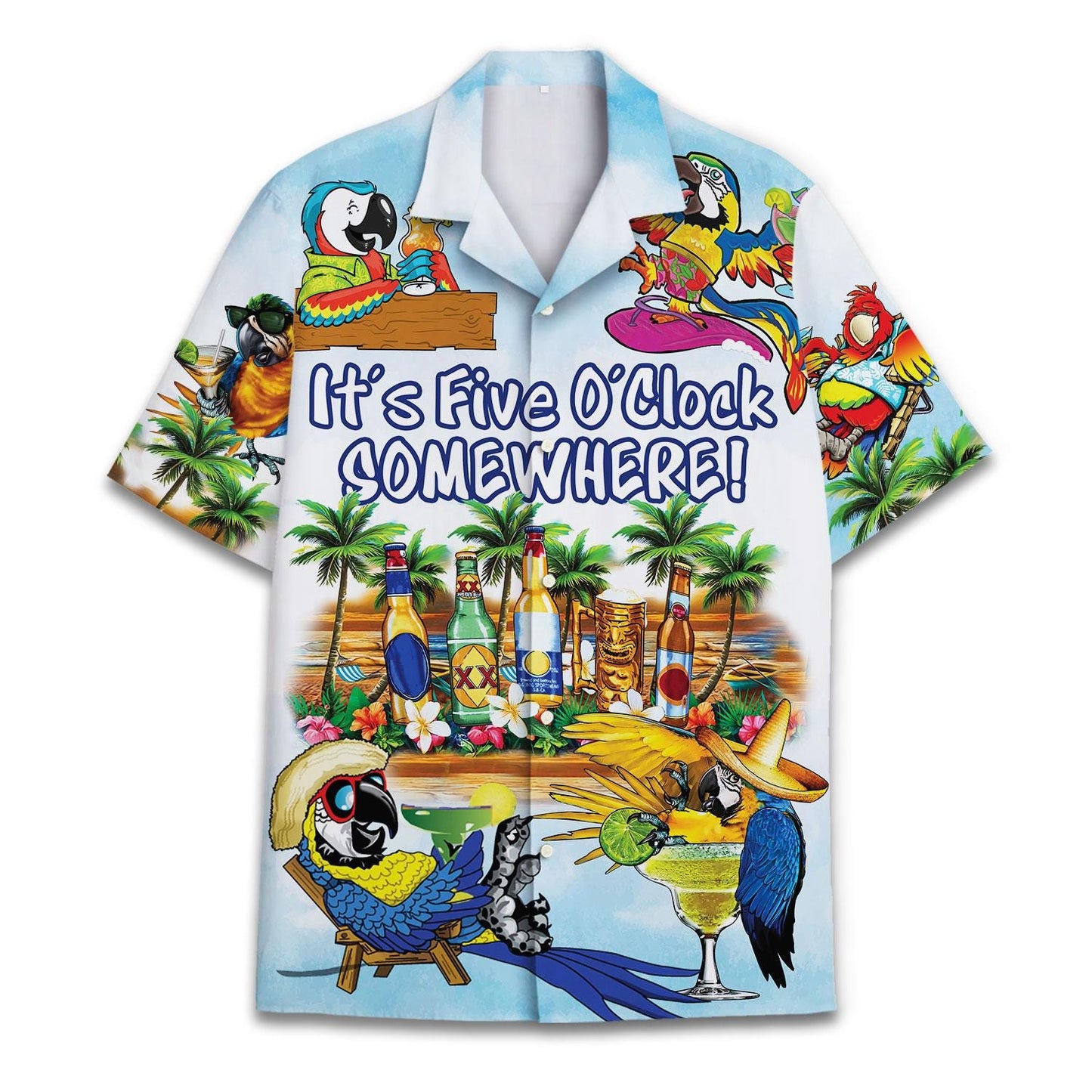 Front view of colorful parrot tropical Hawaiian shirt with Five O'Clock Somewhere design