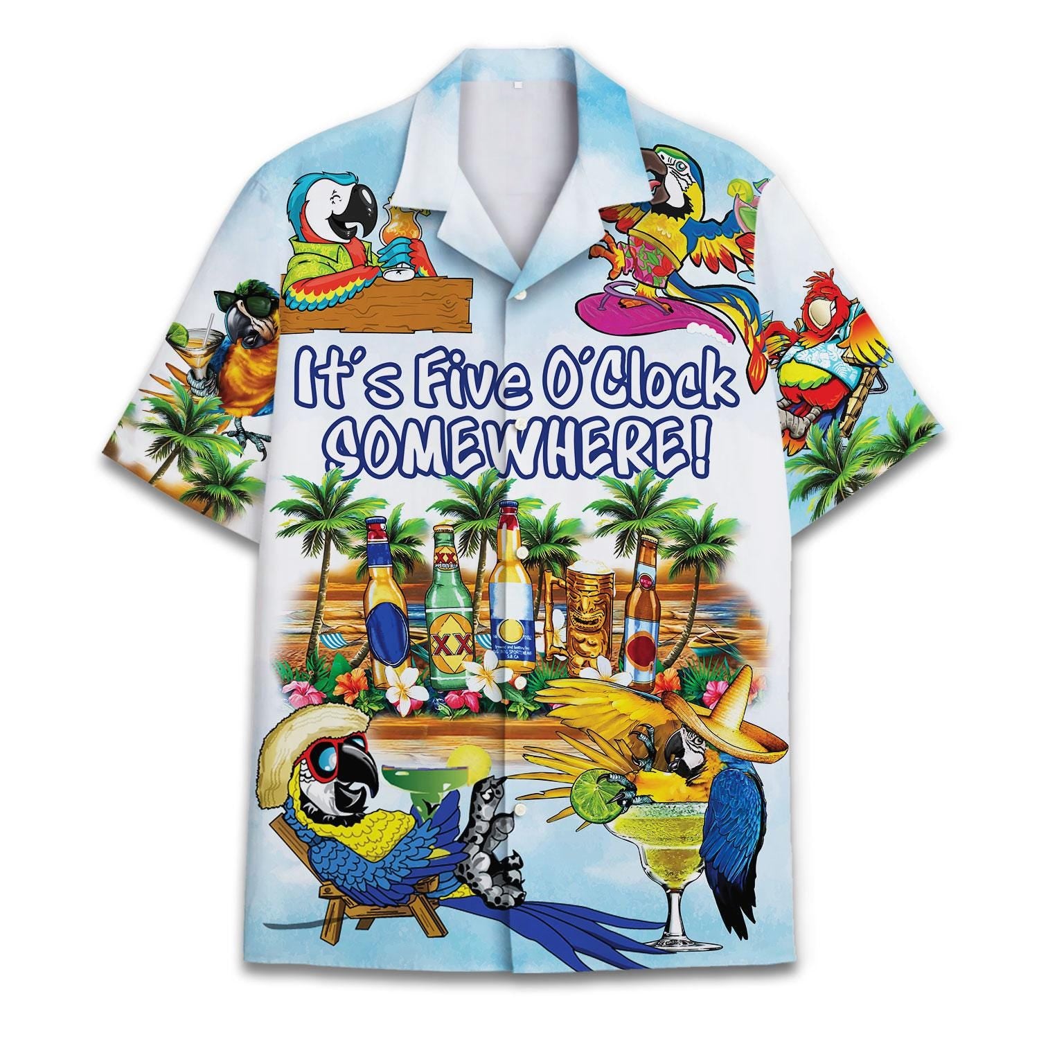 Front view of colorful parrot tropical Hawaiian shirt with Five O'Clock Somewhere design
