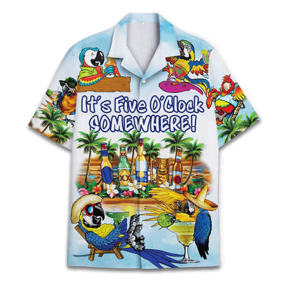 Front view of colorful parrot tropical Hawaiian shirt with Five O'Clock Somewhere design