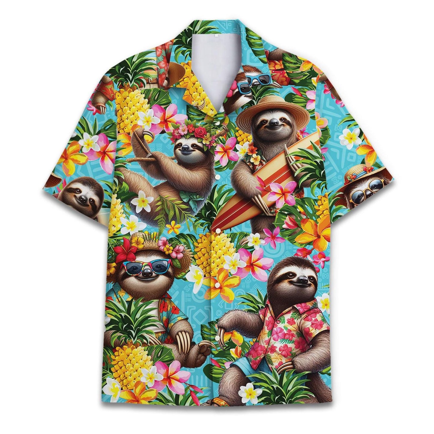 Colorful sloth Hawaiian shirt with tropical flowers and pineapples
