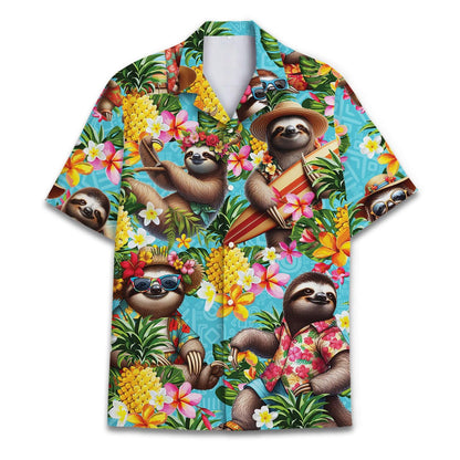 Colorful sloth Hawaiian shirt with tropical flowers and pineapples