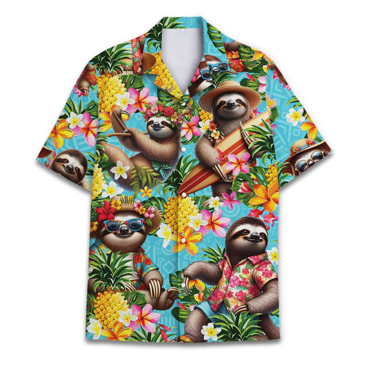 Colorful sloth Hawaiian shirt with tropical flowers and pineapples