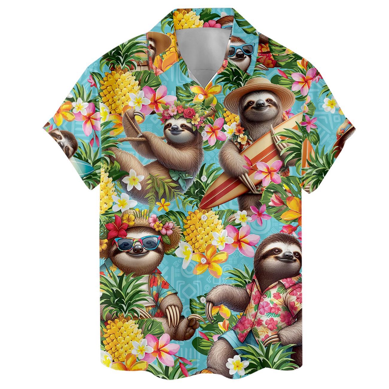 Aqua Hawaiian shirt featuring sloths, flowers, and surfboards