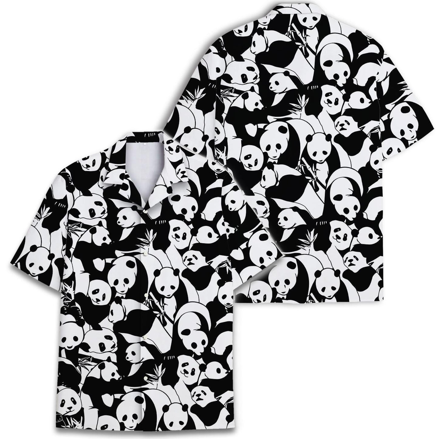 Black and white panda Hawaiian shirt shown from front and back