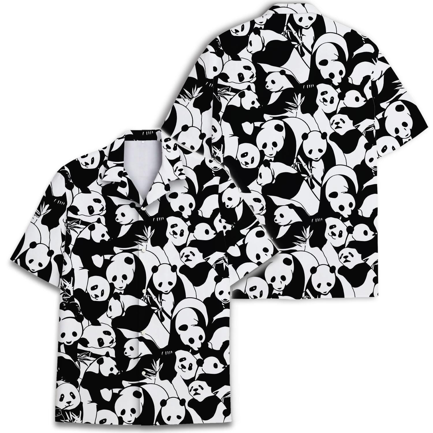 Black and white panda Hawaiian shirt shown from front and back