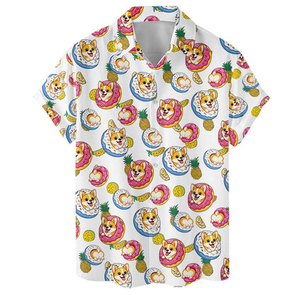 Front view showing the short sleeves, camp collar, and all-over tropical print