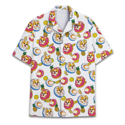 Front view of a colorful dog, donut, pineapple, and tropical print Hawaiian shirt
