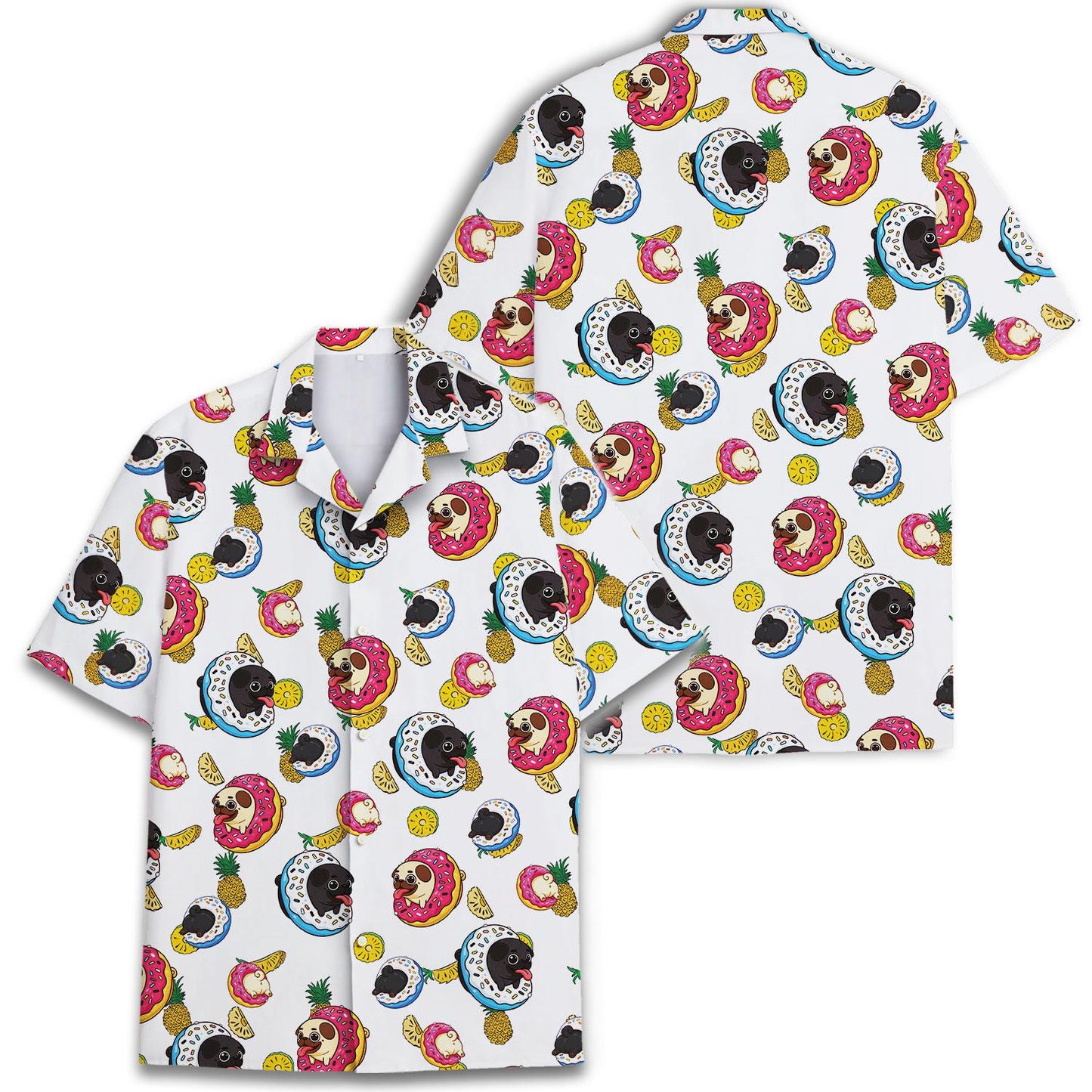 Back view of white Hawaiian shirt with all-over sloth, donut, pineapple, and banana pattern