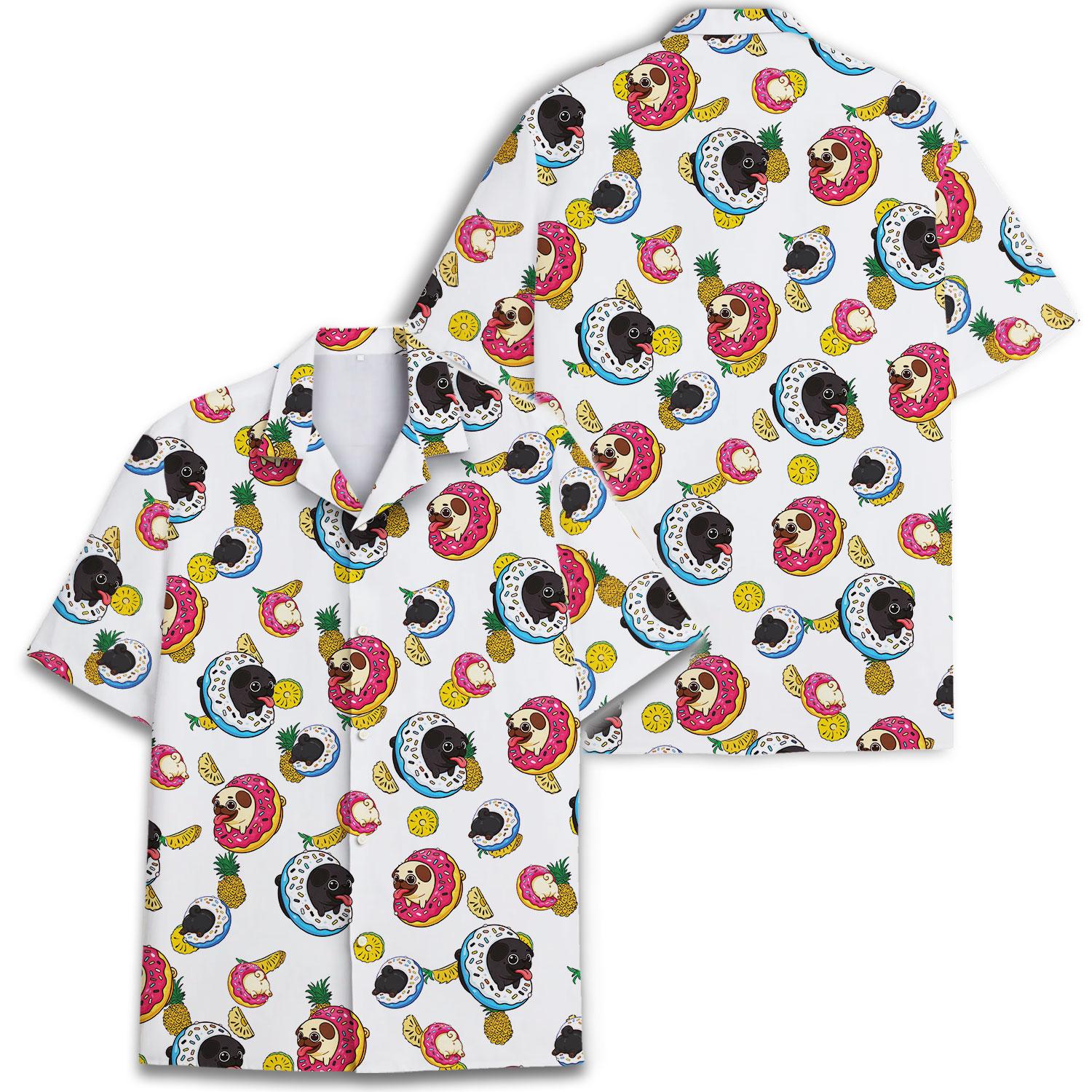 Back view of white Hawaiian shirt with all-over sloth, donut, pineapple, and banana pattern