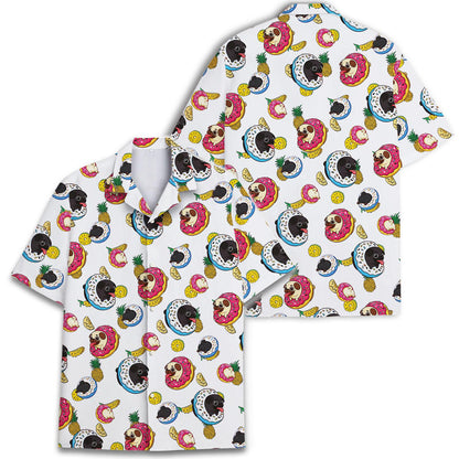 Back view of white Hawaiian shirt with all-over sloth, donut, pineapple, and banana pattern