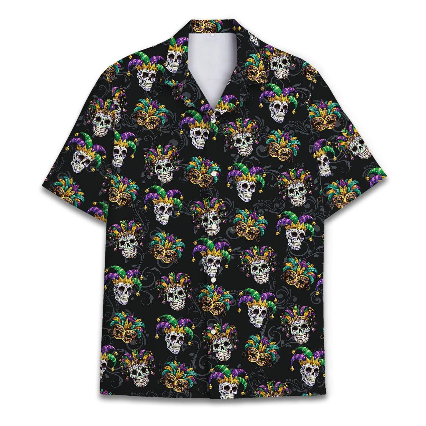 Front view of black Hawaiian shirt with colorful skull and carnival mask print