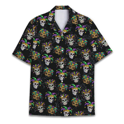 Front view of black Hawaiian shirt with colorful skull and carnival mask print