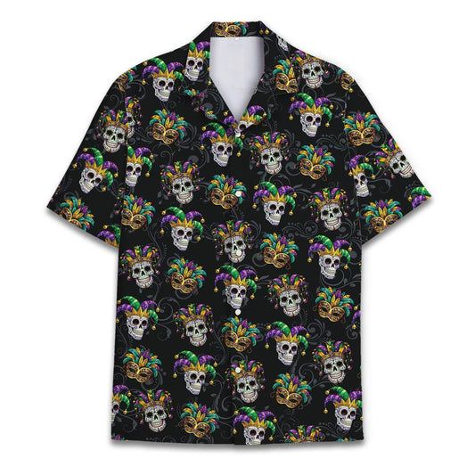Front view of black Hawaiian shirt with colorful skull and carnival mask print