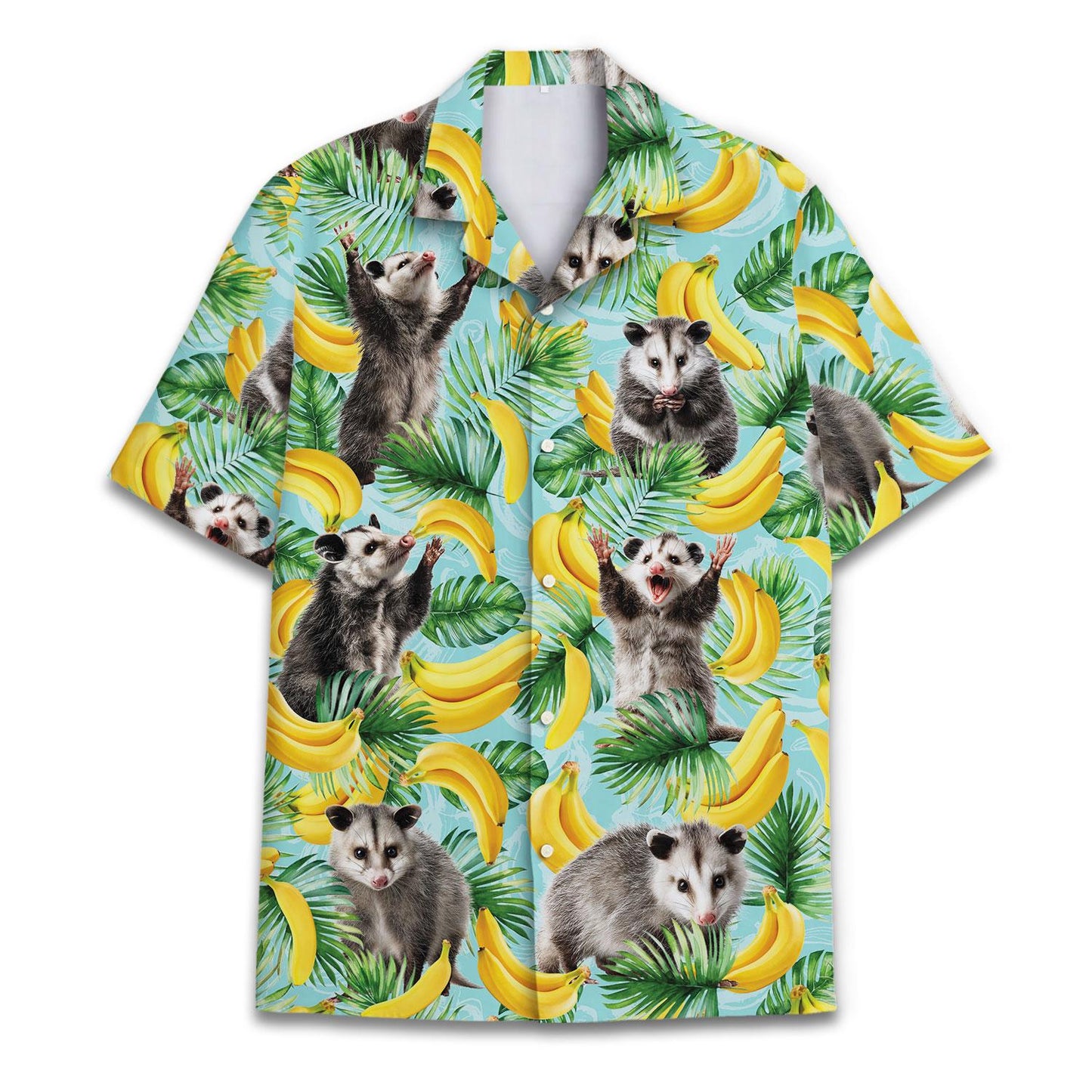 Front view of opossum banana Hawaiian shirt with tropical palm leaves