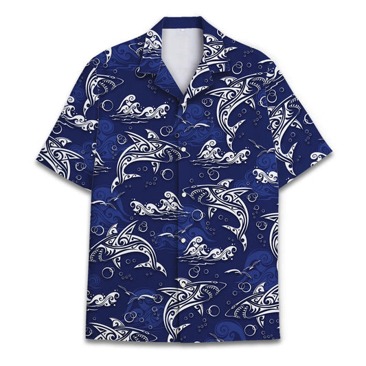 Front view of blue Hawaiian shirt with white dolphins and wave pattern