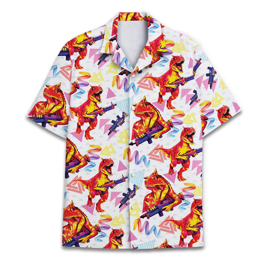 Front view of a colorful dinosaur Hawaiian shirt with a bold all-over character pattern