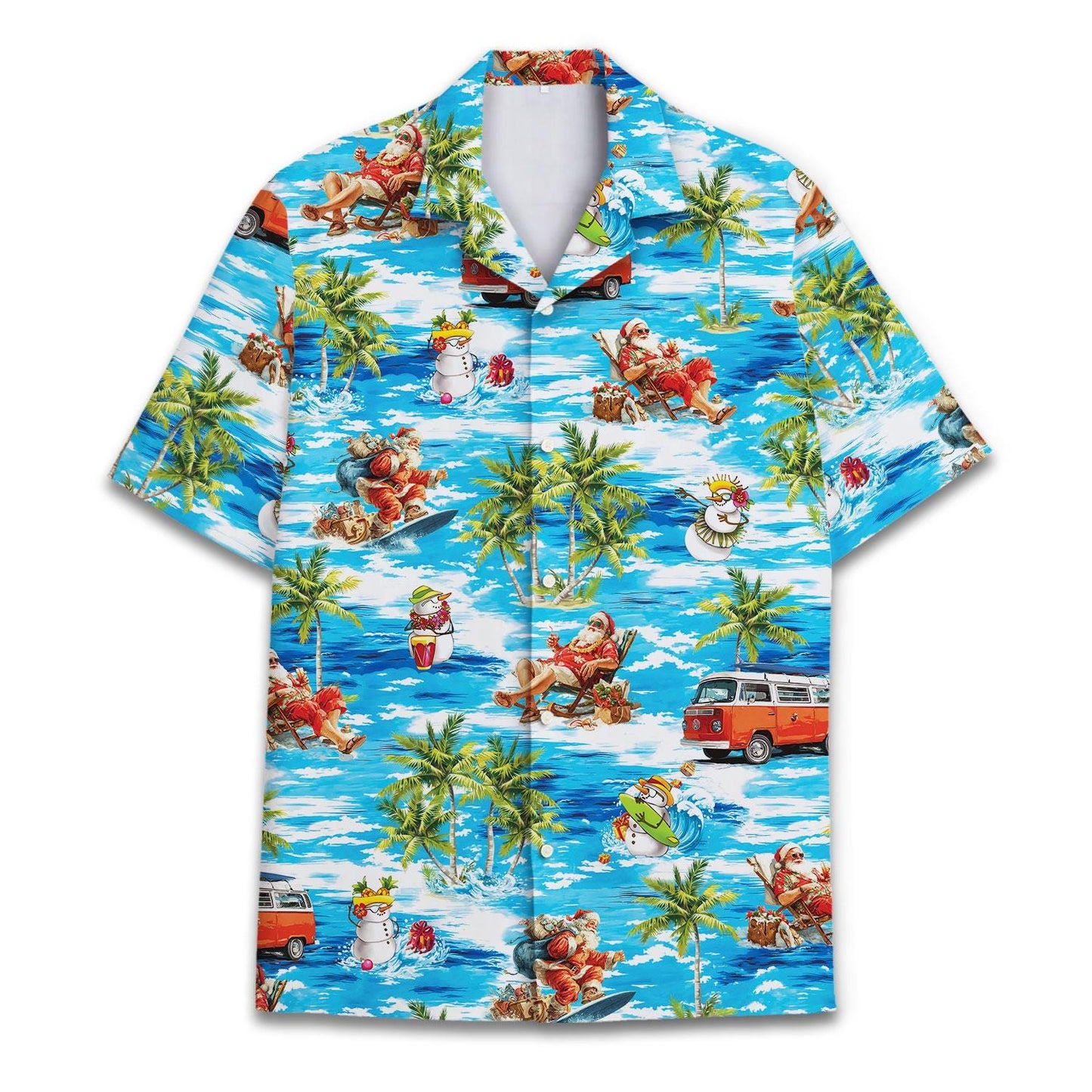 Close-up of blue Christmas Hawaiian shirt with Santa, snowmen, palm trees and beach scenes