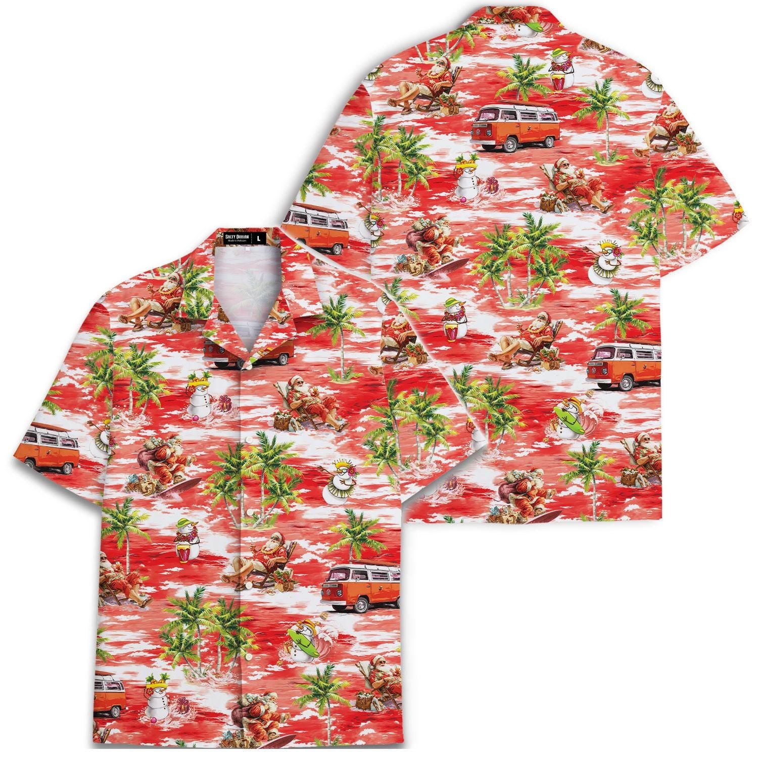 Red Christmas Hawaiian shirt shown with a matching tropical short-sleeve shirt