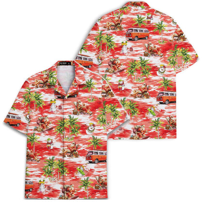 Red Christmas Hawaiian shirt shown with a matching tropical short-sleeve shirt