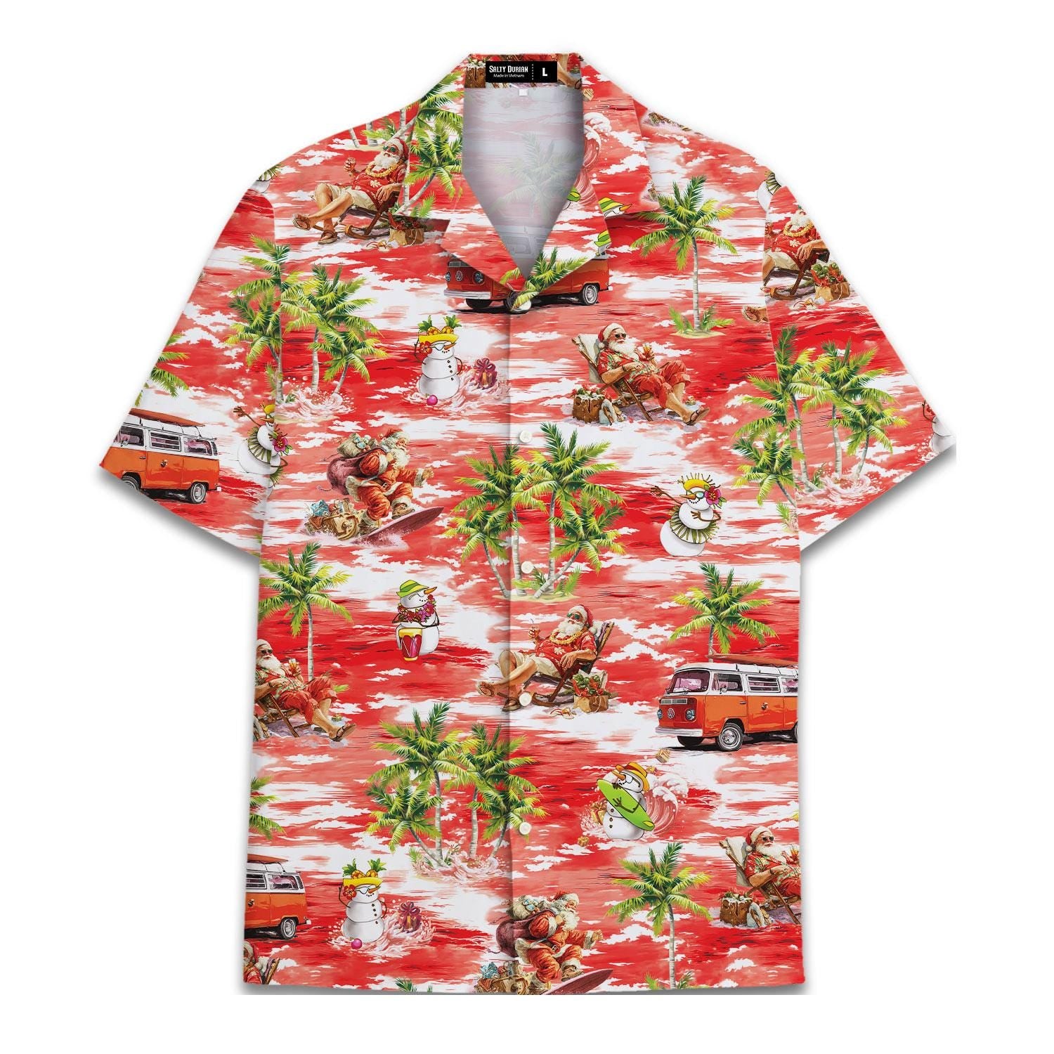 Red tropical Santa Hawaiian shirt with palm trees, beach scenes and vintage vans