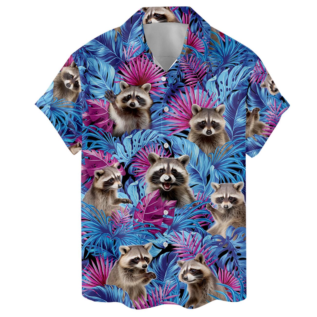 Close front view of tropical raccoon button-front shirt