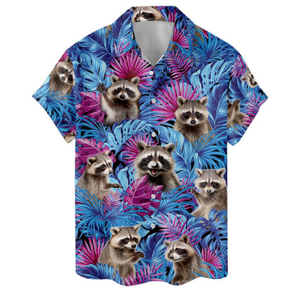 Close front view of tropical raccoon button-front shirt