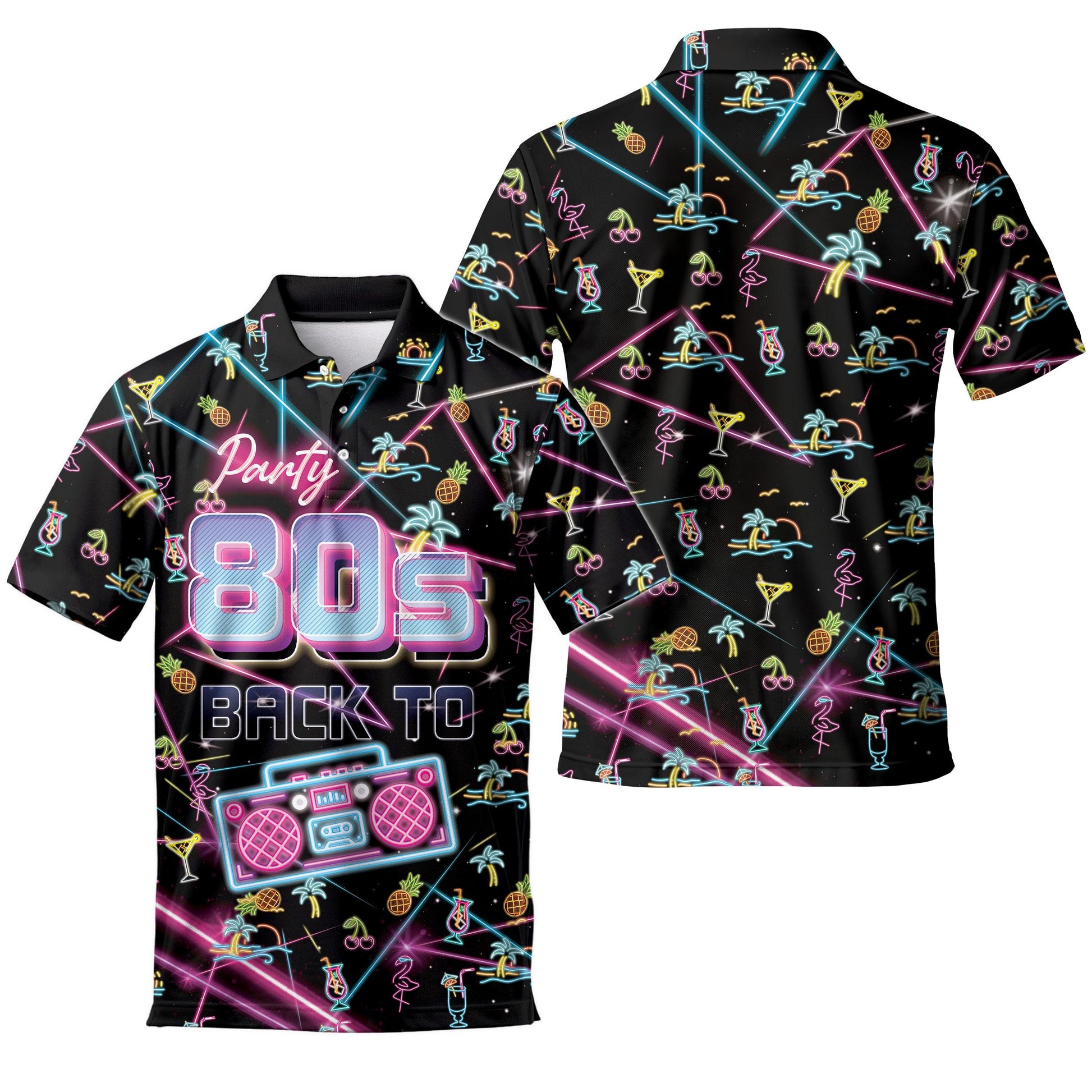 Front and back views of a black neon 80s Hawaiian shirt with colorful tropical party print