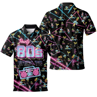 Front and back views of a black neon 80s Hawaiian shirt with colorful tropical party print