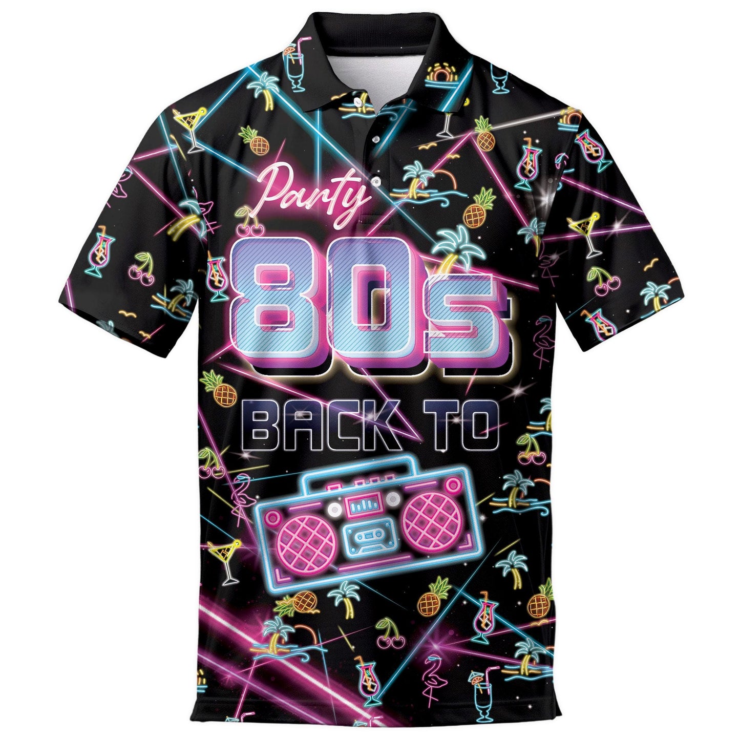 Front view of a black Hawaiian shirt with neon 80s party text, boombox graphic, and tropical icons
