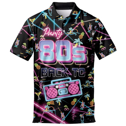 Front view of a black Hawaiian shirt with neon 80s party text, boombox graphic, and tropical icons
