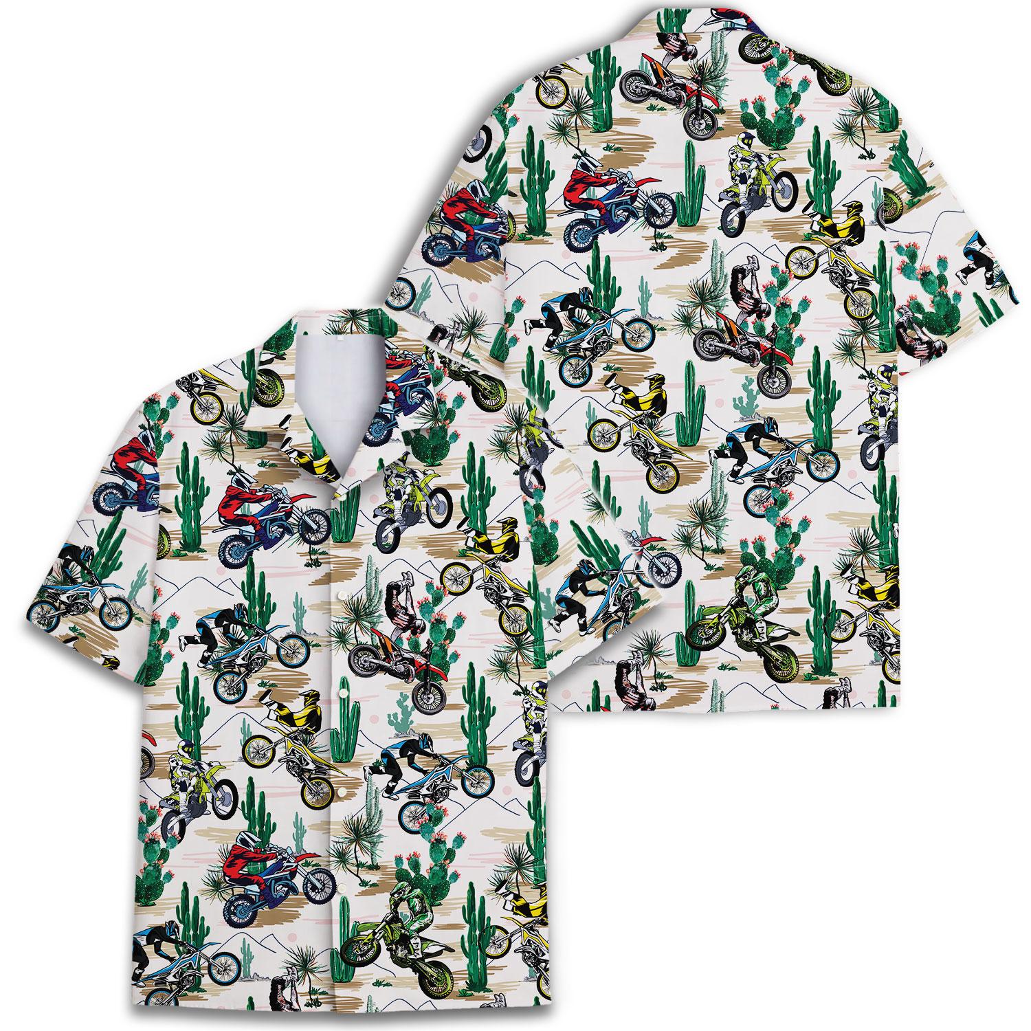 Two views of a dirt bike and cactus Hawaiian shirt showing the front and back design