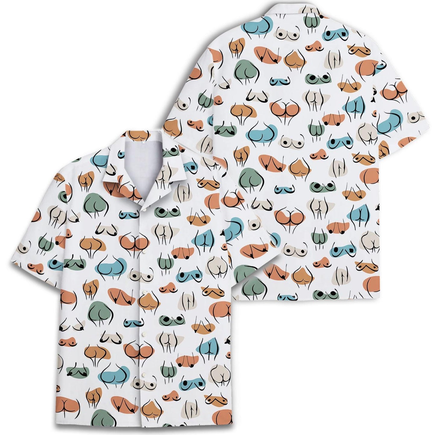 Two views of a colorful whimsical face print Hawaiian shirt