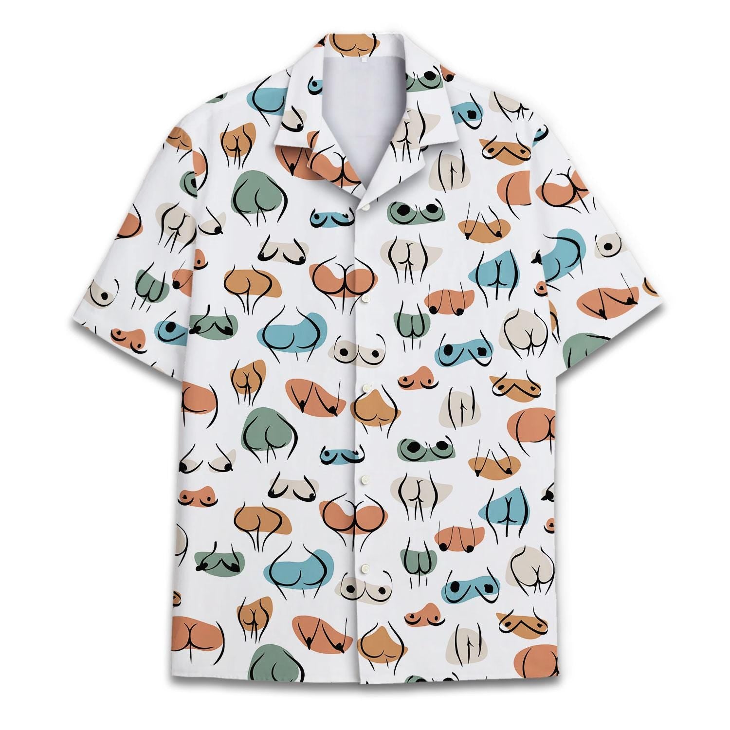 Front view of a white Hawaiian shirt with colorful whimsical face and mustache pattern