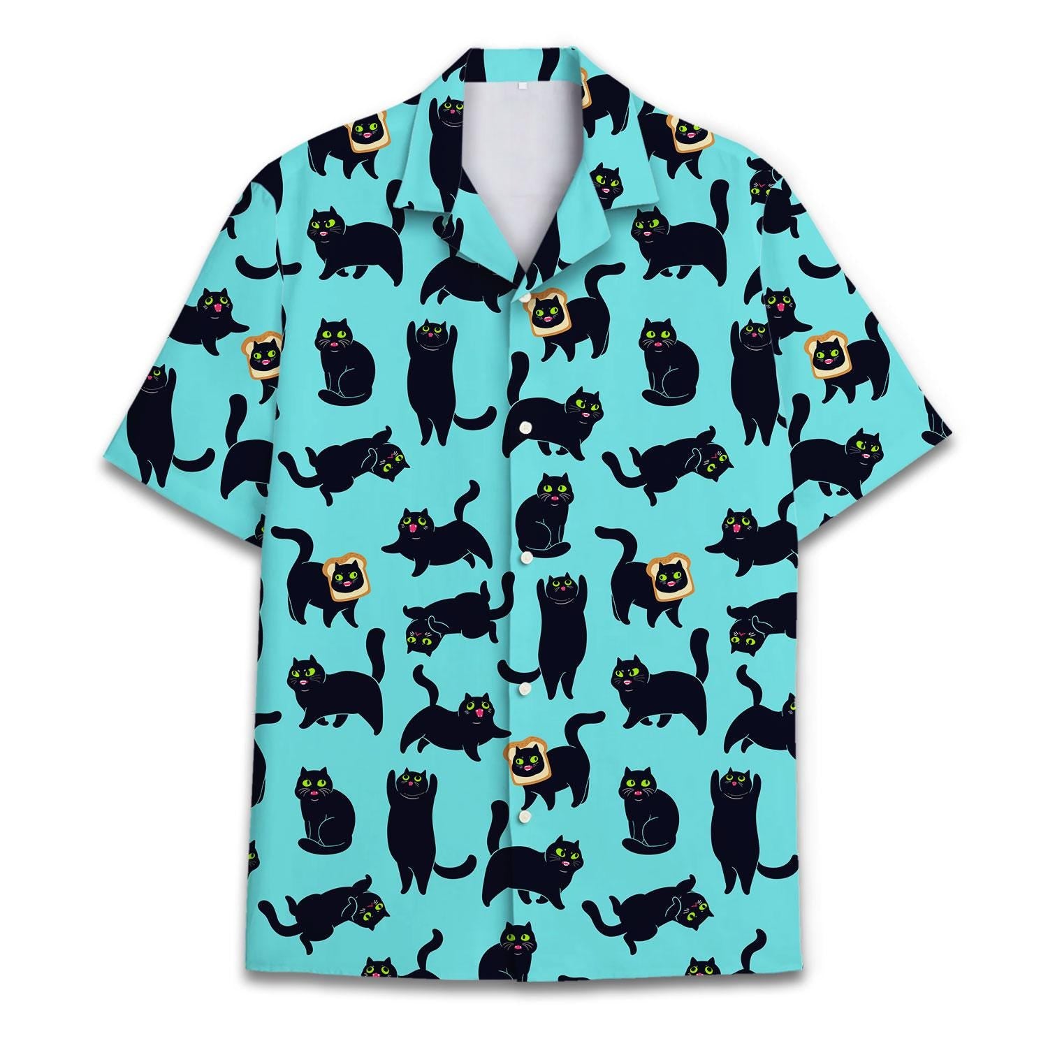 Front view of an aqua Hawaiian shirt with an all-over black cat print