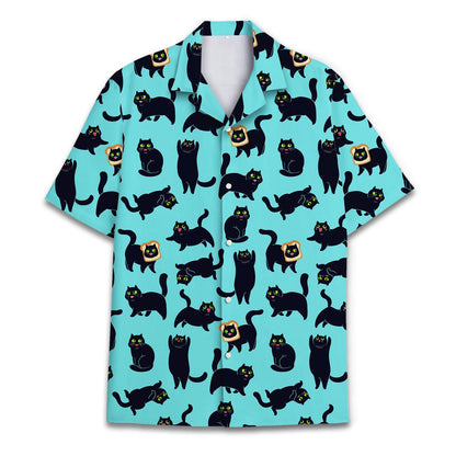 Front view of an aqua Hawaiian shirt with an all-over black cat print